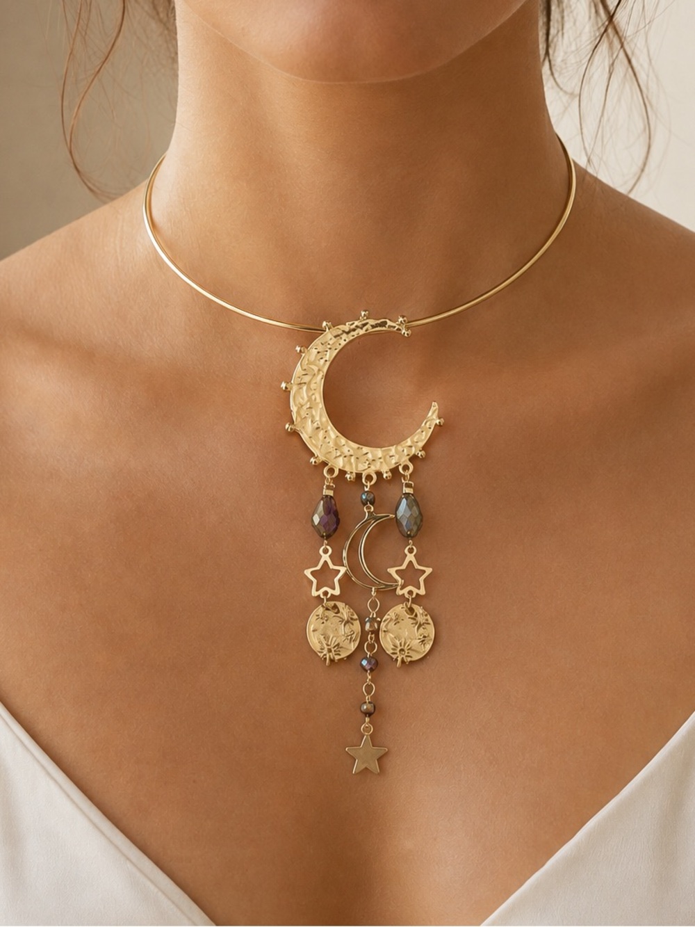 Gold Celestial Moon Pendant Choker with Iridescent Beads